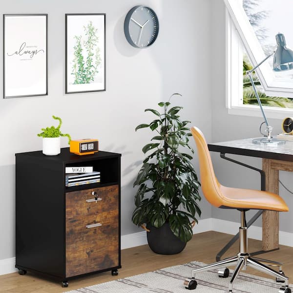 Cindy 2-Drawers Rustic Brown Engineered Wood 15.7 in. W Vertical File Cabinet with Rolling Wheels and 2 Shelves Office