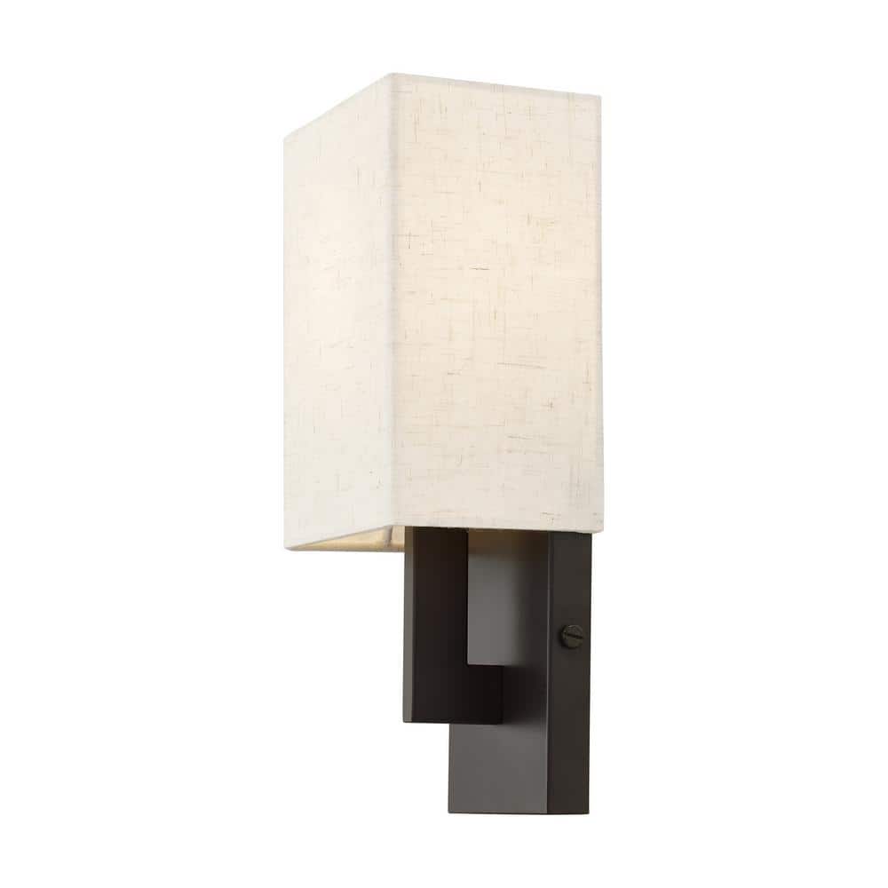 English Bronze Wall Sconce with Oatmeal Fabric Shade