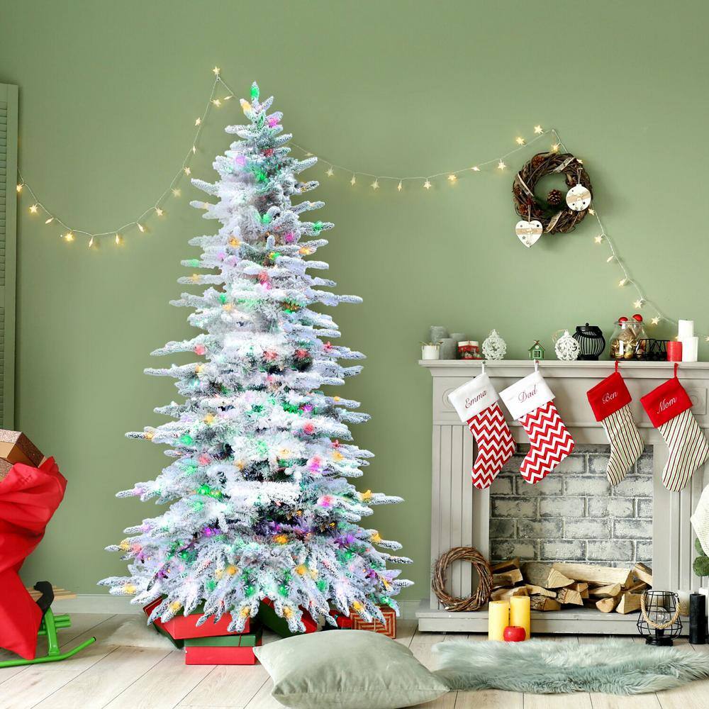 9-Foot Flocked Pine Christmas Tree with Multicolor LED Lights