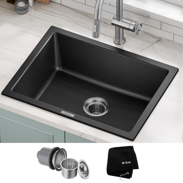 Drop-in/Undermount Granite Composite 24 in. Single Bowl Kitchen Sink Kit in Black