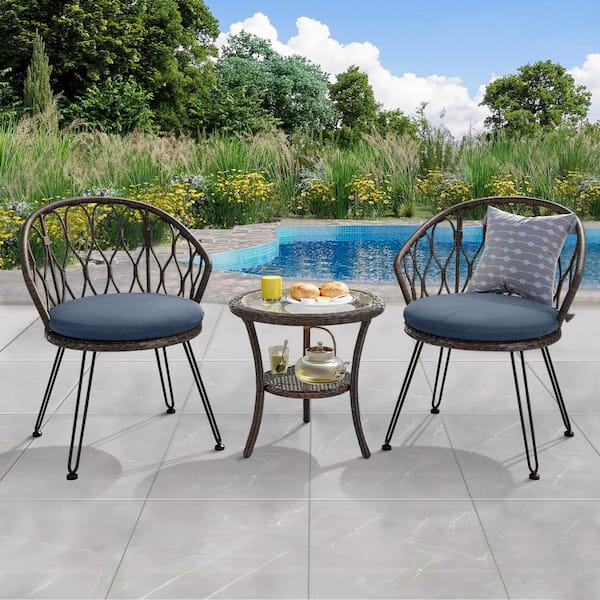 Brown 3-Piece Wicker Outdoor Bistro Set Outdoor Leisure Set Seating and Tables Set with Blue Cushion