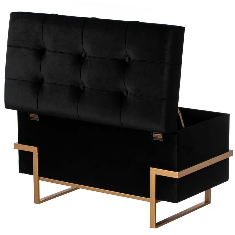 Elegant Black Velvet Storage Ottoman with Golden Metal Legs