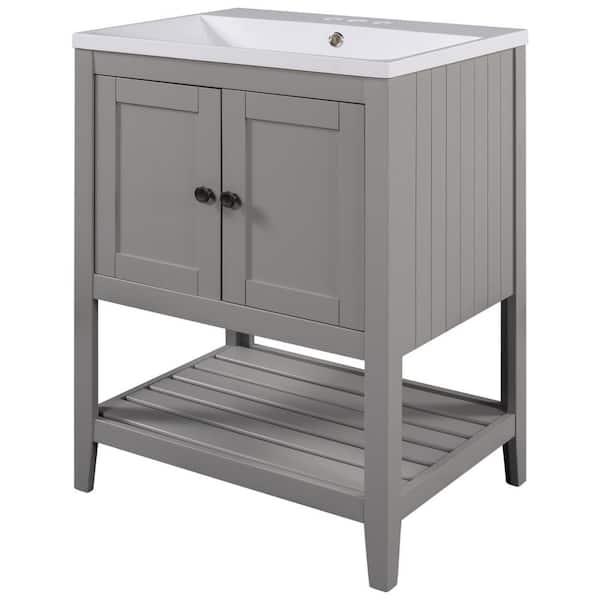WELLFOR 24 in. W x 18. in D. x 34 in. H Bath Vanity in Morandi Gray with White Ceramic Top