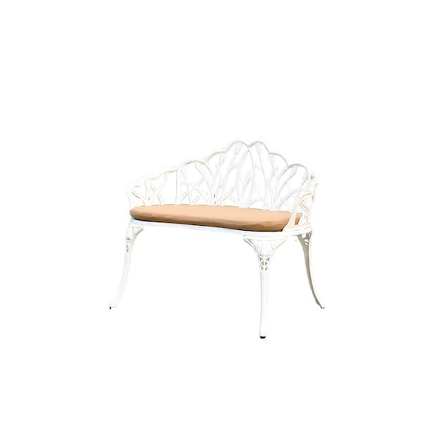 Unbranded Tulip Floral Cast Aluminum Outdoor Bench with Brown Cushion-Perfect for Patio, Park, Yard, and Garden