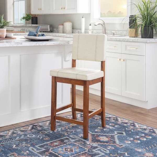 Milano 24.8 in. Cream High Back Wood Counter Stool with Faux Leather Seat