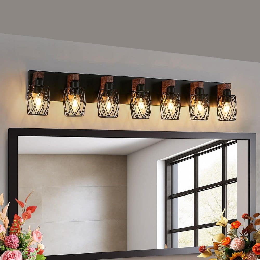 44 in. 7-Light Black Vanity Light with Wood Accents and Metal Cage Shade price history on PriceWatchPro