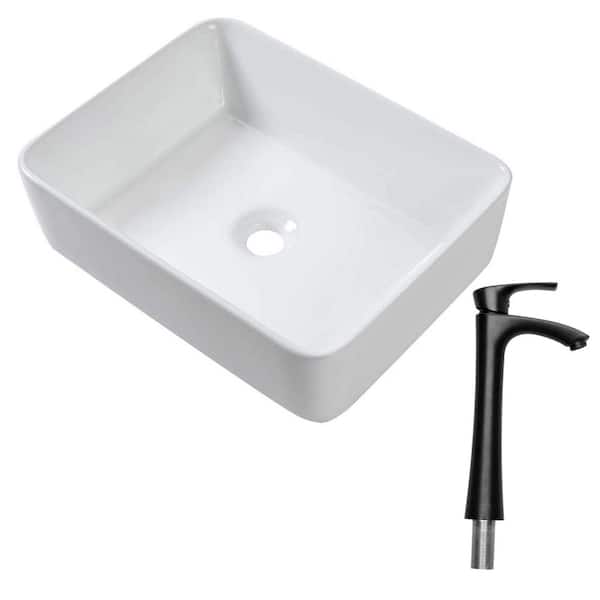19 in. Vessel Rectangular Bathroom Sink with Faucet in White Ceramic
