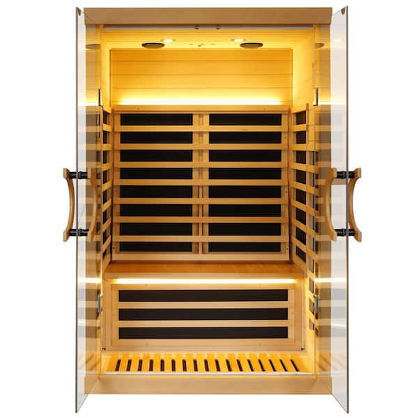 Unbranded Far Infrared Natural Wood 2-Person Sauna Room Double Glass Family Model with Bluetooth Audio App Control