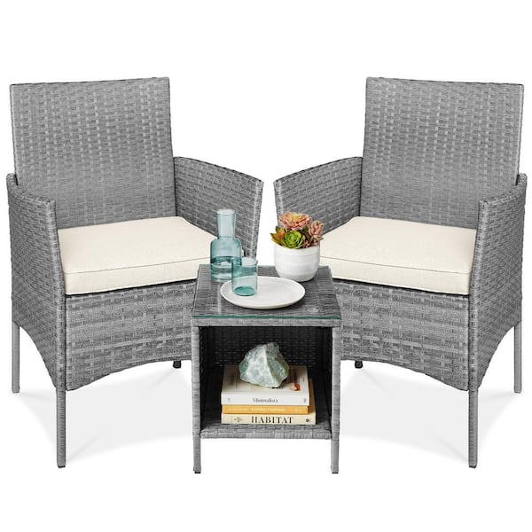 Unbranded Gray 3-Piece Wicker Outdoor Bistro Set with Cream Cushion