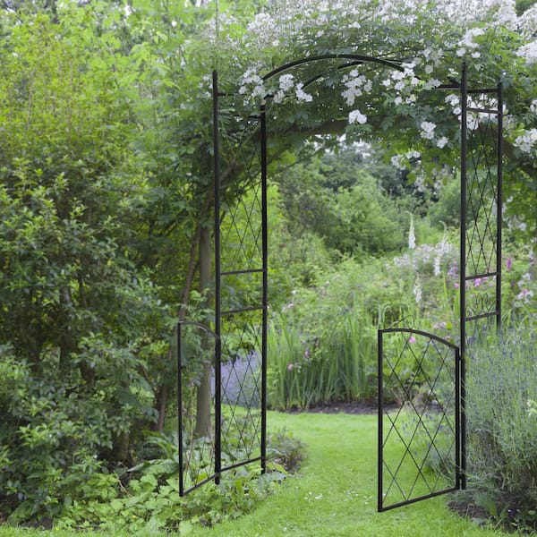 85 in. x 50.5 in. Garden Metal Arch Arbor Trellis with Gate, Garden Archway for Climbing Vines, Wedding Ceremony