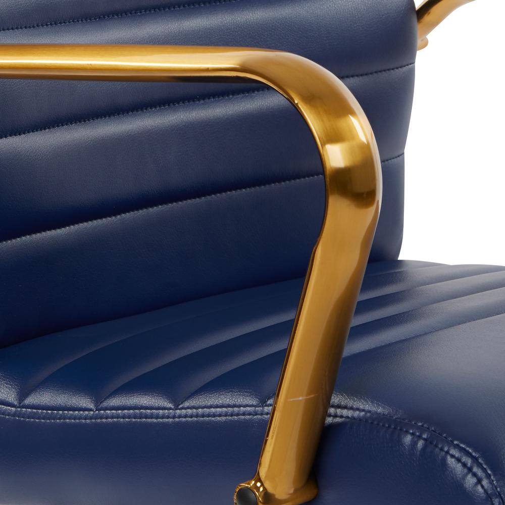 Baldwin Navy Faux Leather Mid-Back Swivel Chair with Gold Accents