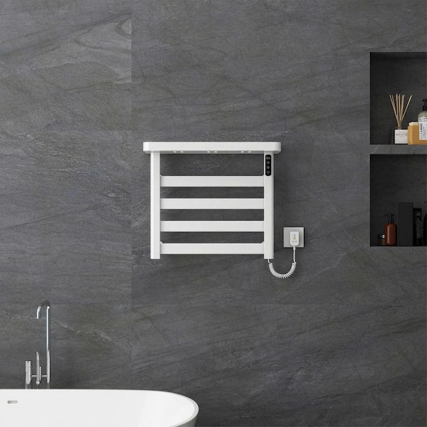 5-Bar 95-Watt Wall Mounted Electric Plug-In Bathroom Towel Warmer with Touch LED Screen Digital Display, Shelf in White