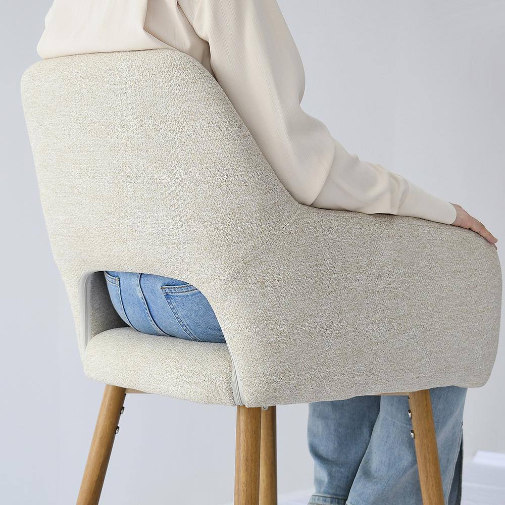 Beige Upholstered Counter Stools with Oak Legs, Set of 2