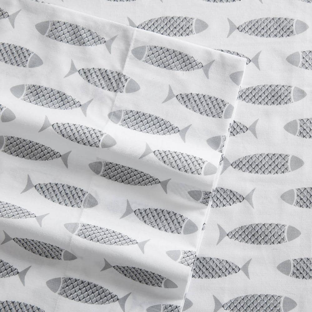 Gray Cotton Percale Queen Sheet Set with Fish Print