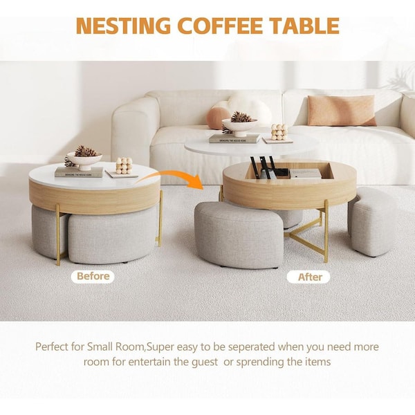 31 in. Brown Round Sintered Stone Top Nesting Coffee Table Set, Center Table with Lift Top, 2 Storage Drawers, 3 Stools