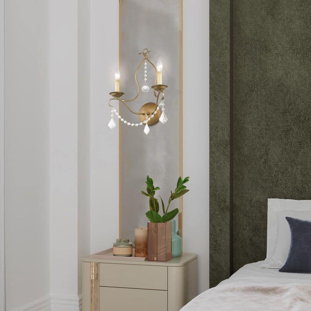 Elegant Antique Gold Leaf Dual-Light Wall Sconce with Crystal Accents