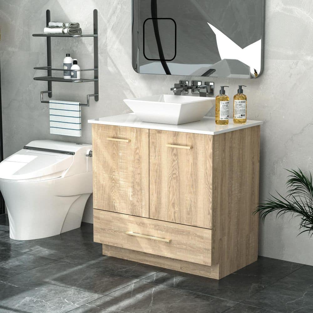 29.9 in. W x 18.8 in. D x 33.6 in. H Bath Vanity in Beige with MDF White Marble Top and Drawer price history on PriceWatchPro