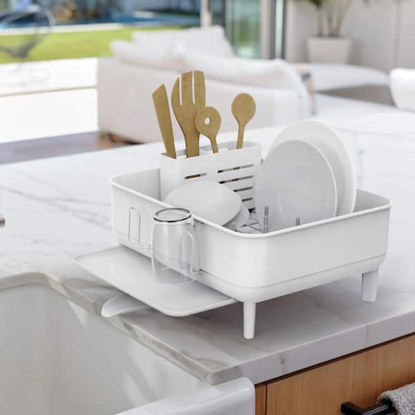 Compact Dish Rack Drying Rack with Swivel Spout Drainer, Fingerprint-Proof Steel Frame, White