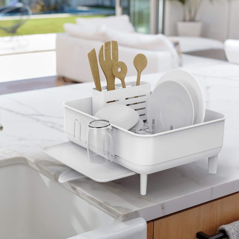 Compact White Steel Dish Drying Rack with Swivel Spout