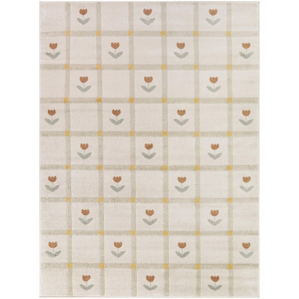 Linden Beige 5 ft. x 7 ft. Boho Floral Check Area Rug