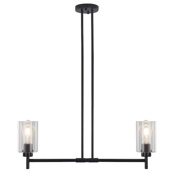 2-Light Matte Black Industrial Linear Chandelier with Glass Shades for Kitchen Island with No Bulbs Included