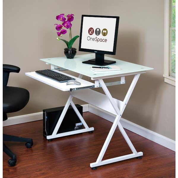 Onespace 38 In Rectangular White, Low Computer Desk With Keyboard Tray