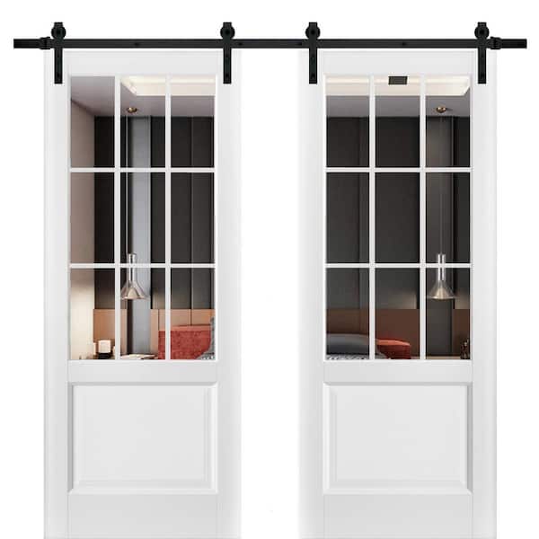 Sartodoors 28 in. x 96 in. 2 Panel Clear Glass White Solid Wood Sliding Barn Door with Hardware Kit