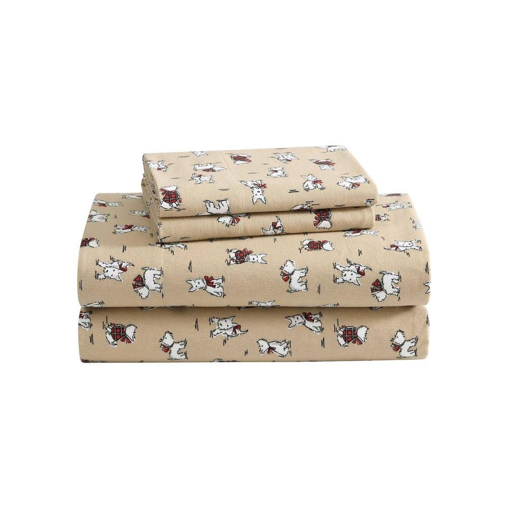 Laura Ashley Holiday Scottie 4 Piece Camel Flannel Queen Sheet Set