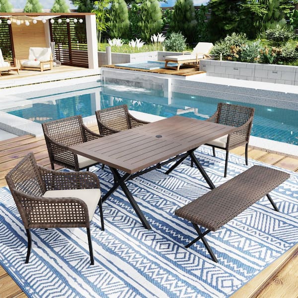 6-Piece Wicker Rattan Outdoor Dining Set with Beige Cushions, Single Chairs and Rectangle Dining Table