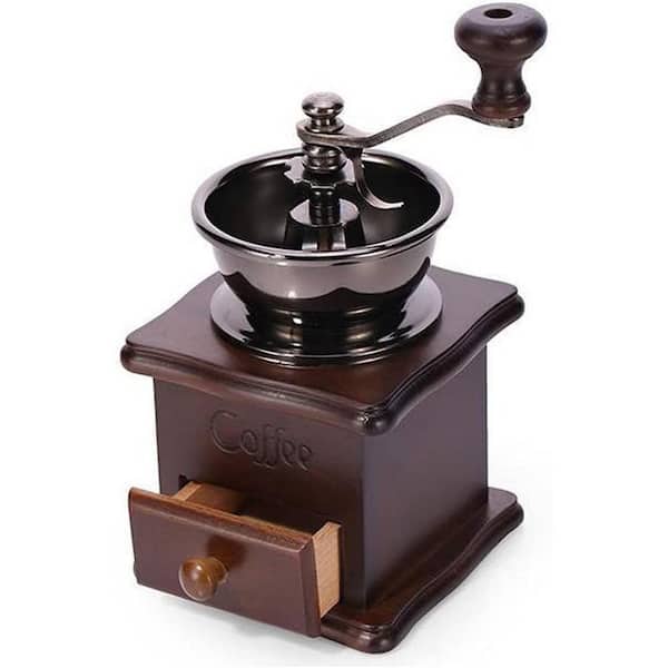 Manual Coffee Grinder Vintage Style Burr Mill with Ceramic Hand Crank Durable Wood Body Drawer Dark Brown