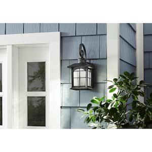 Brimfield 14.2 in. Aged Iron LED Outdoor Wall Lantern with Clear Seedy Glass Shade and 220  Motion Sensing