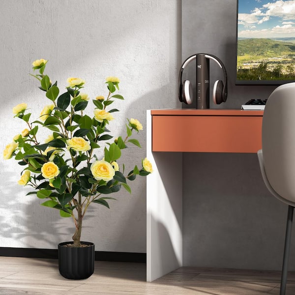 ANGELES HOME 3 ft. Yellow Artificial Camellia Tree Bonsai Faux Flower Plant in Cement Pot