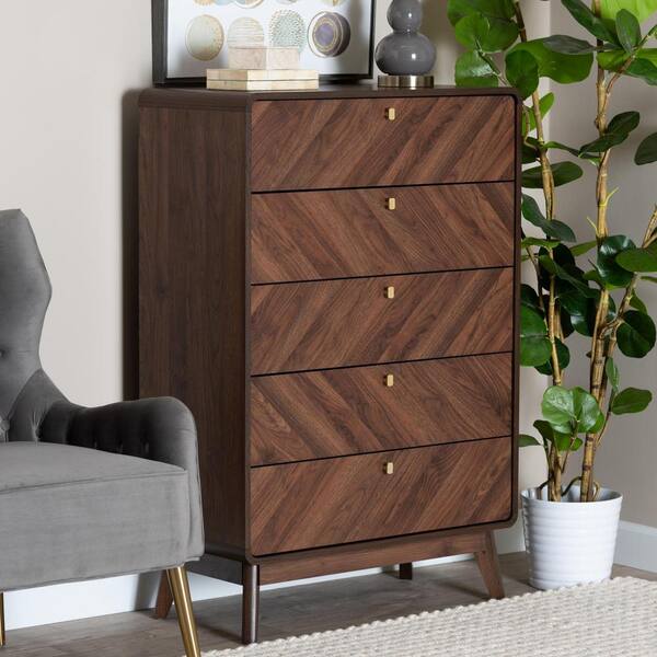 Baxton Studio Markell Walnut Brown and Gold 5 Drawer 31.5 in