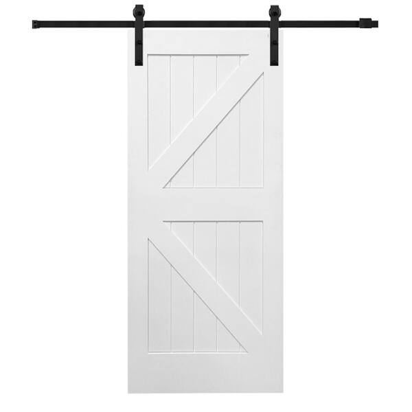MMI Door 36 in. x 84 in. Primed Composite K-Plank Barn Door with Matte Black Hardware Kit