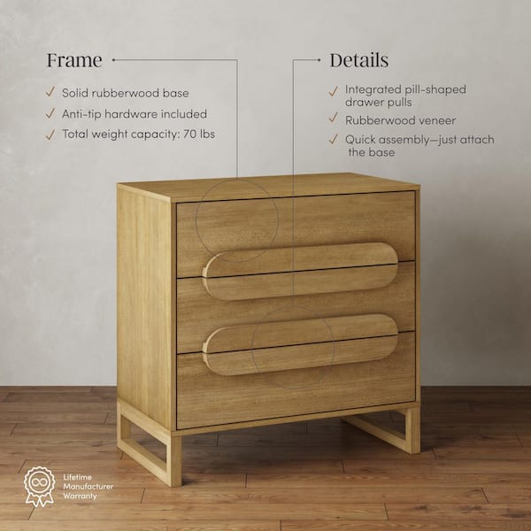 Nathan James Novi Light Brown 3 Drawer 31.5 in. Wood Dresser Organic Modern  for Bedroom with Integrated Handles 71250 - The Home Depot