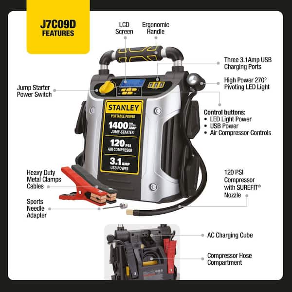 Stanley 1400 Peak Amp Automotive Jump Starter, Portable Power