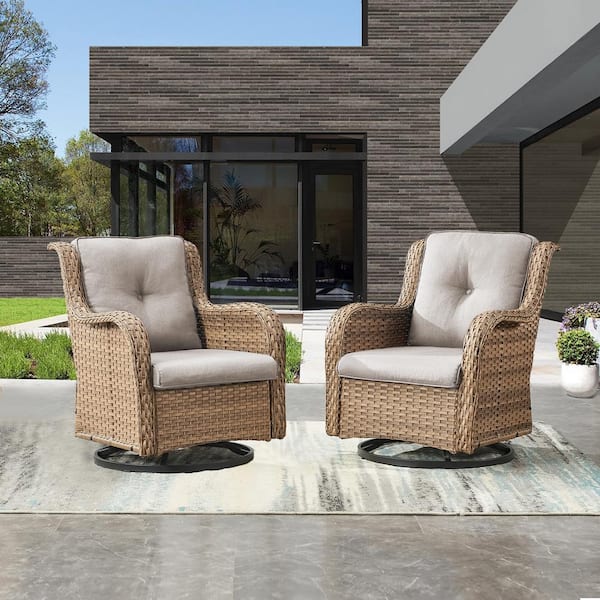Earlo Yellow Wicker PE Rattan Outdoor Swivel Rocker Patio Chairs with Olefin Beige Cushions (2-Pack)