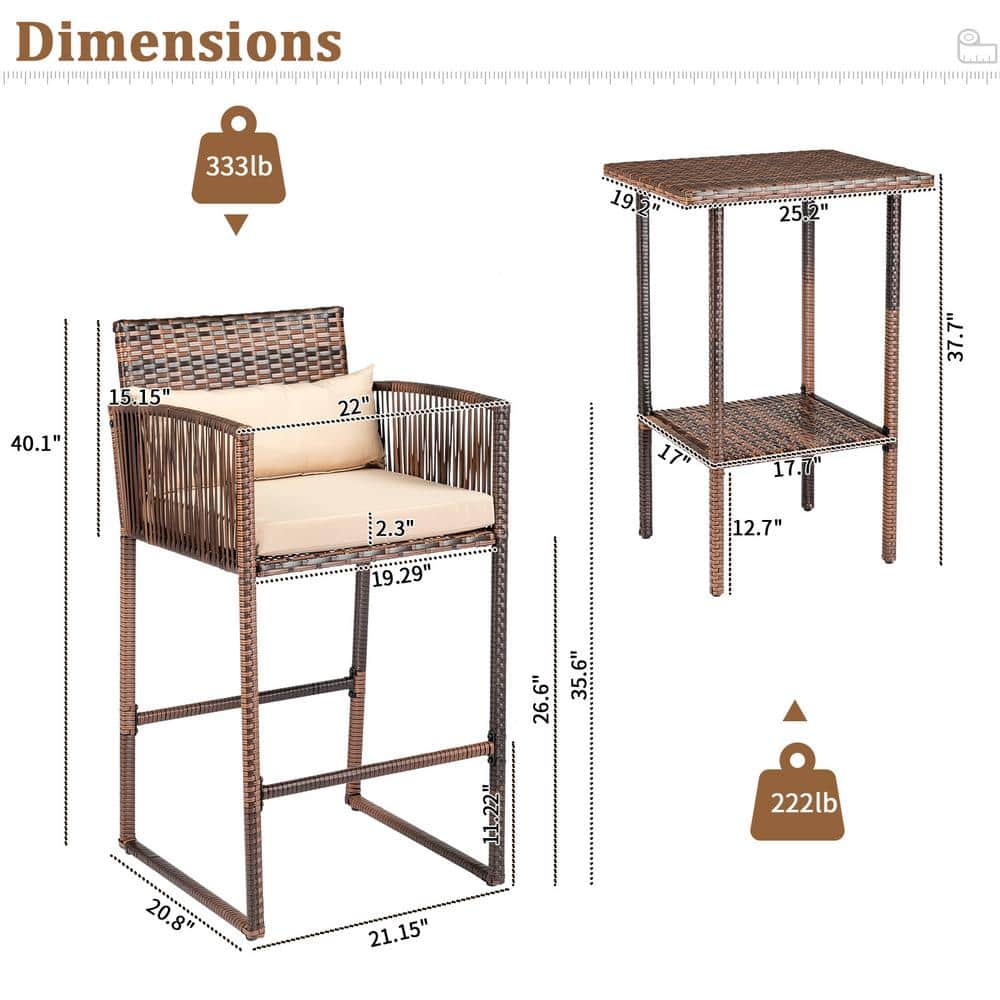 Brown Steel and Wicker Bar Height Outdoor Set with Beige Cushions