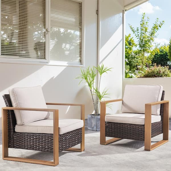 Rectangular Framed Armrest Brown Wicker Outdoor Patio Lounge Chair with CushionGuard Beige Cushions