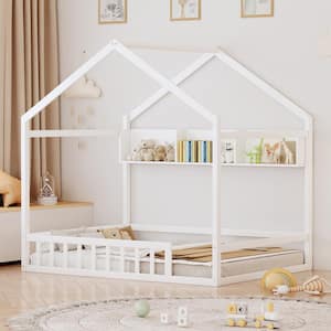 White Full Size Wood House Bed with Fence, Roof and Storage Shelf