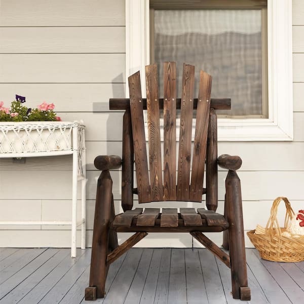 Wooden Adirondack Outdoor Rocking Chair with High Back, Slatted Seat and Backrest for Backyard, Garden, Carbonized