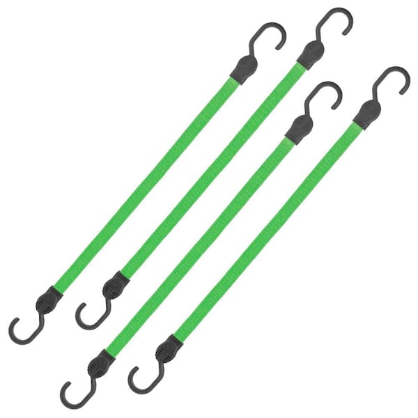 24 in. Green Flat Strap Bungee Cord with Hooks - 4 pack
