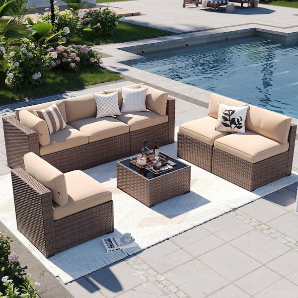 Sizzim Brown 7-Piece Wicker Rattan Patio Conversation Set with