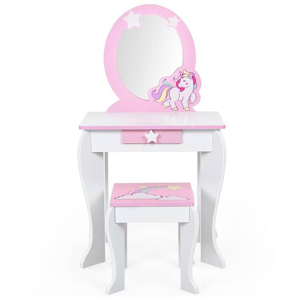Costway 2-Piece MDF Top White and pink Kids Vanity Makeup Dressing Table Chair Bar Table Set