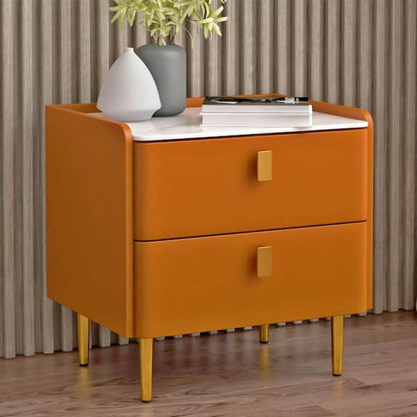 Magic Home Luxury PU Leather Nightstand Bedside Table with 2 Drawers and Golden Metal Leg, Orange