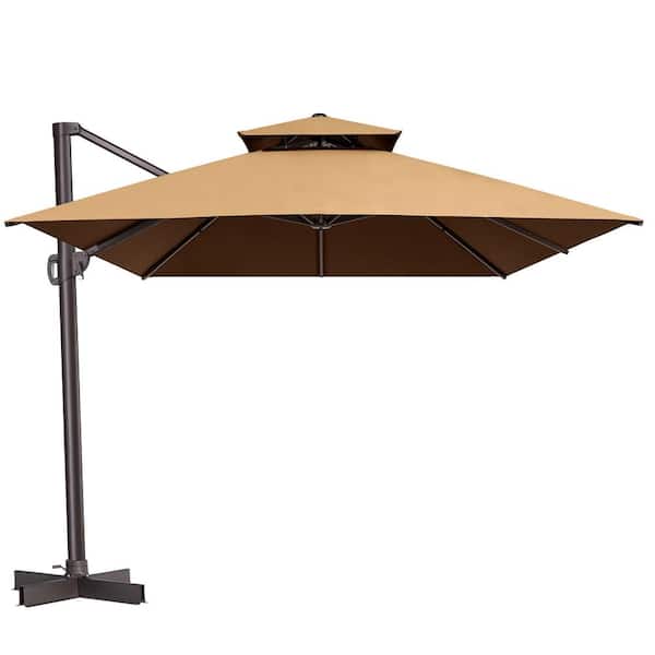 Double Top 13 ft. x 10 ft. Rectangular Aluminum Heavy-Duty 360° Rotation Cantilever Patio Umbrella in Light Tan