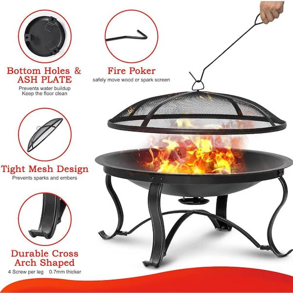 19 In. Square Portable Wood Burning Fire Pits With Mesh Lid And Poker For BBQ, Party In Black