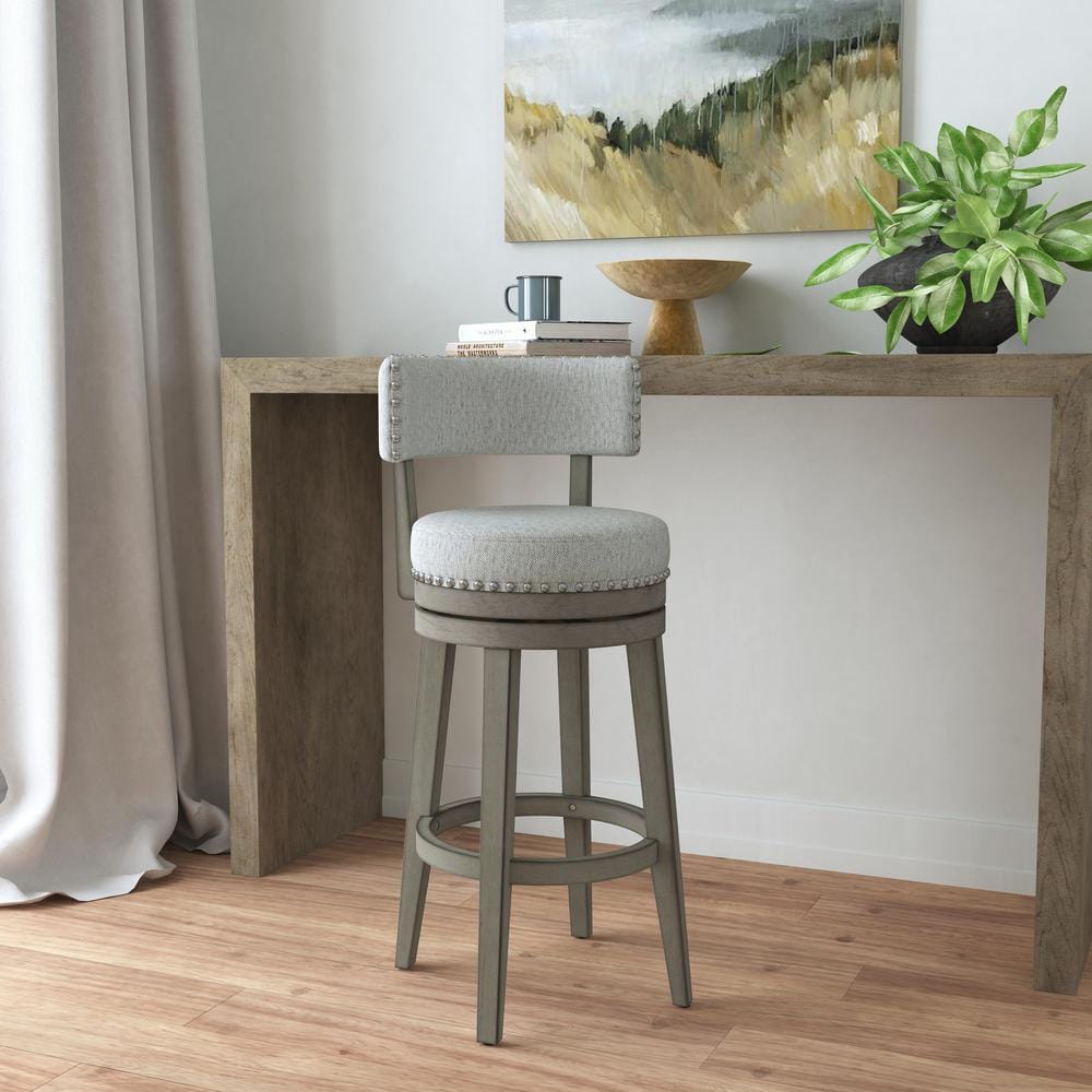 Antique Gray Wood Swivel Bar Stool with Faux Leather Upholstery