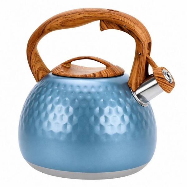 3.1 qt. 12-Cup Stainless Steel Whistling Induction Stovetop Tea Kettle with Wood Pattern Handle in Blue