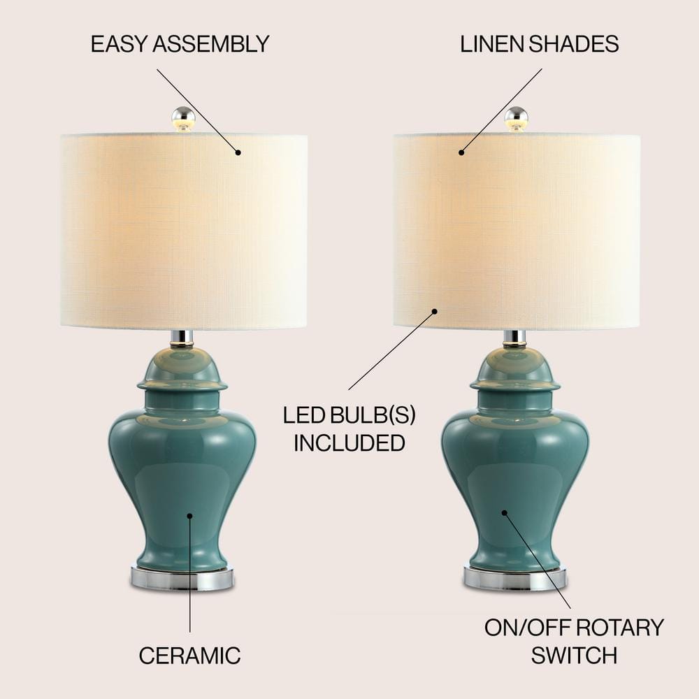 Jade Green Ceramic and Iron 22" Table Lamp Set with Linen Shade